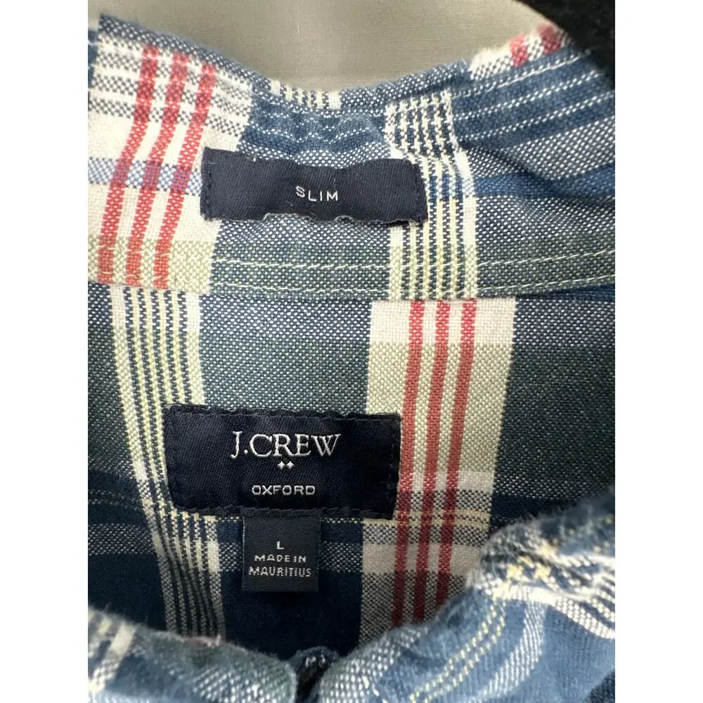 J Crew Shirt Mens Large Blue Plaid Oxford Slim Fit Button Cotton Short Sleeve